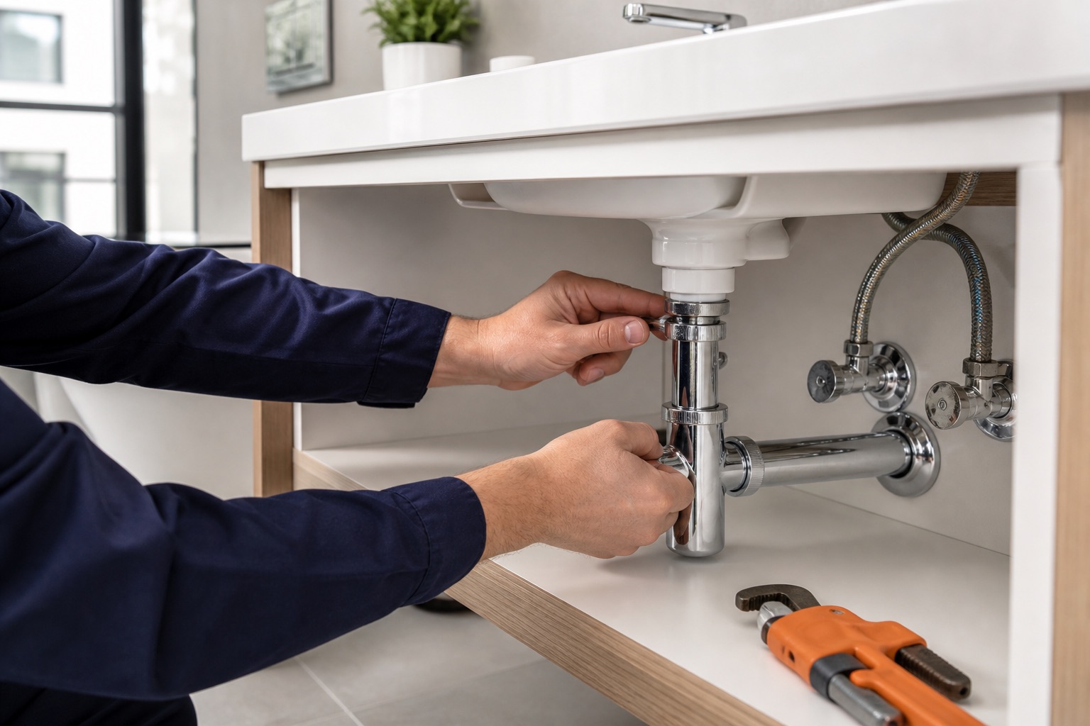 Lavabo altında sıhhi tesisat bağlantısını kontrol eden teknik servis çalışanı